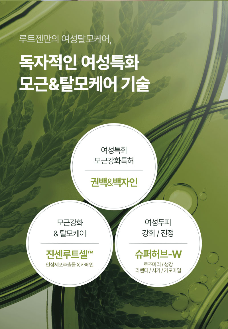 루트젠만의 여성탈모케어,독자적인 여성특화 모근&탈모케어 기술 